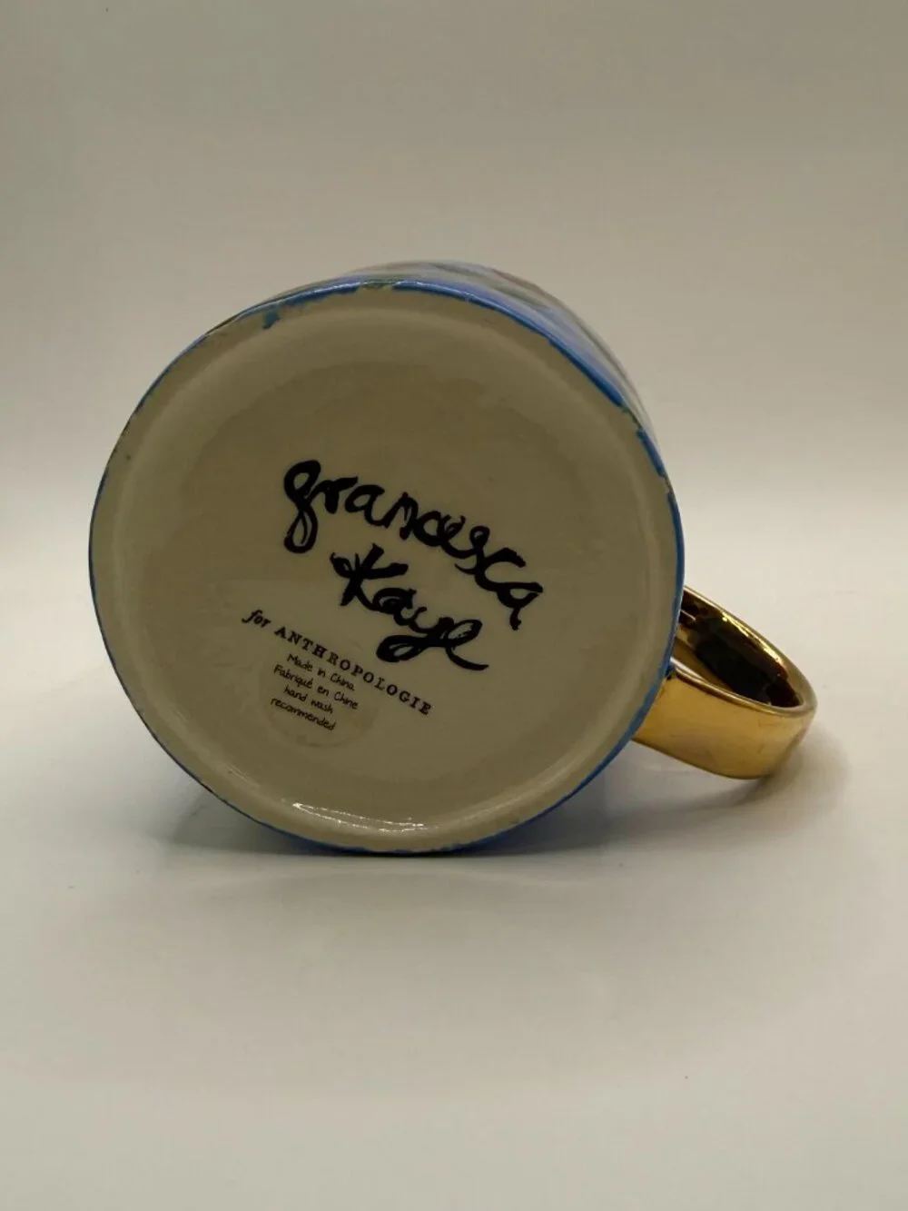 Francesca Kaye Anthropologie Floral Atelier Mug Gold Handle Blue Red Flower Cup